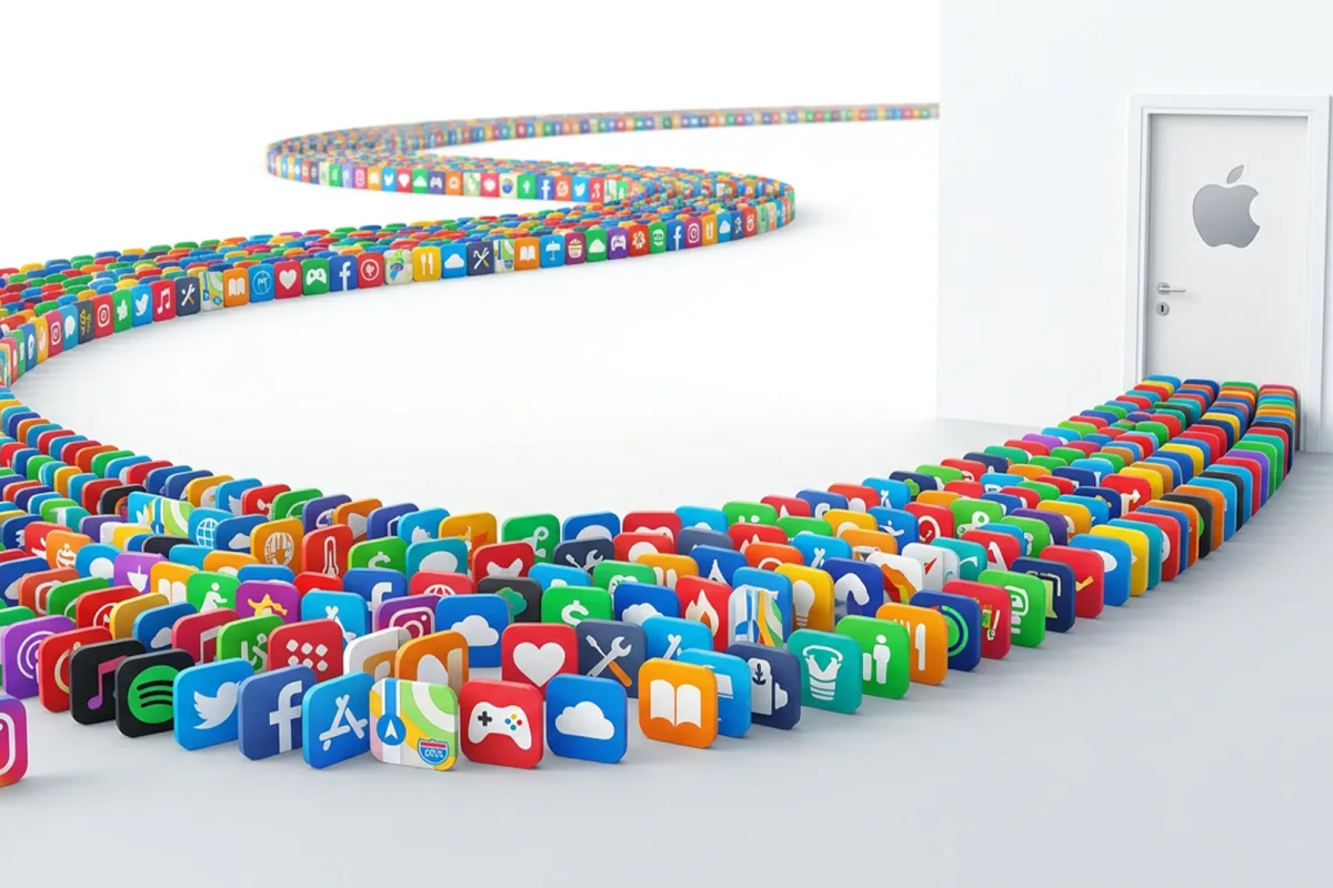Schermata dell'App Store con una fila interminabile di app generate dall'AI in attesa di revisione.